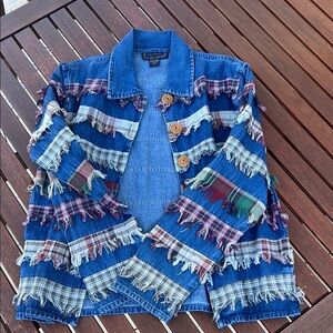 Vintage Fringe Denim Jacket with Plaid Accents